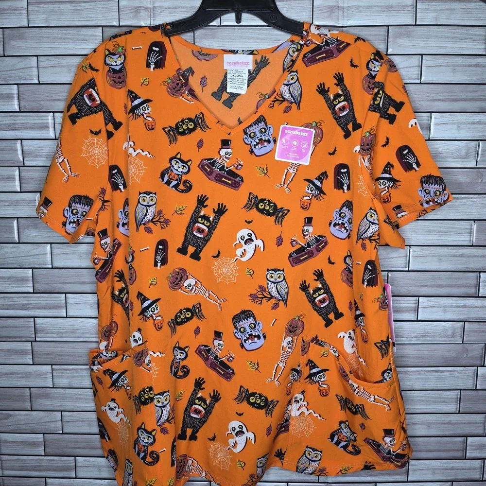 New Scrubstar Women's 2XL Orange‎ Halloween Short Sleeve V Neck Scrub Top